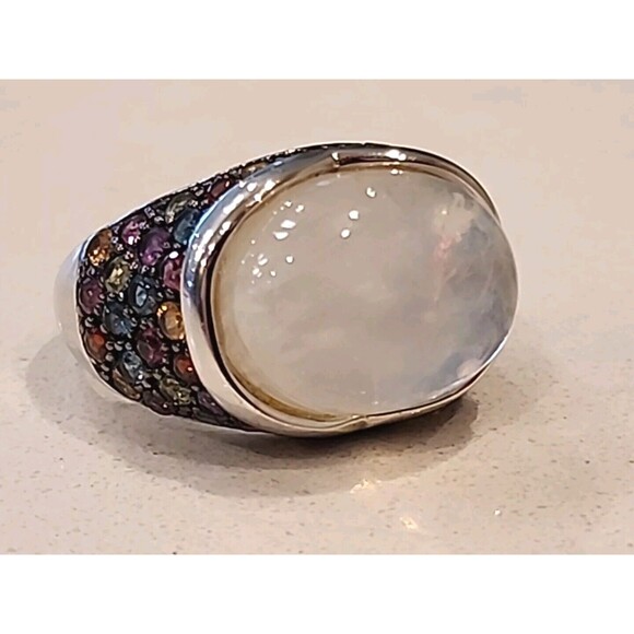 925 Silver Natural Rainbow Moonstone & Multigem Cocktail Ring Size 6
